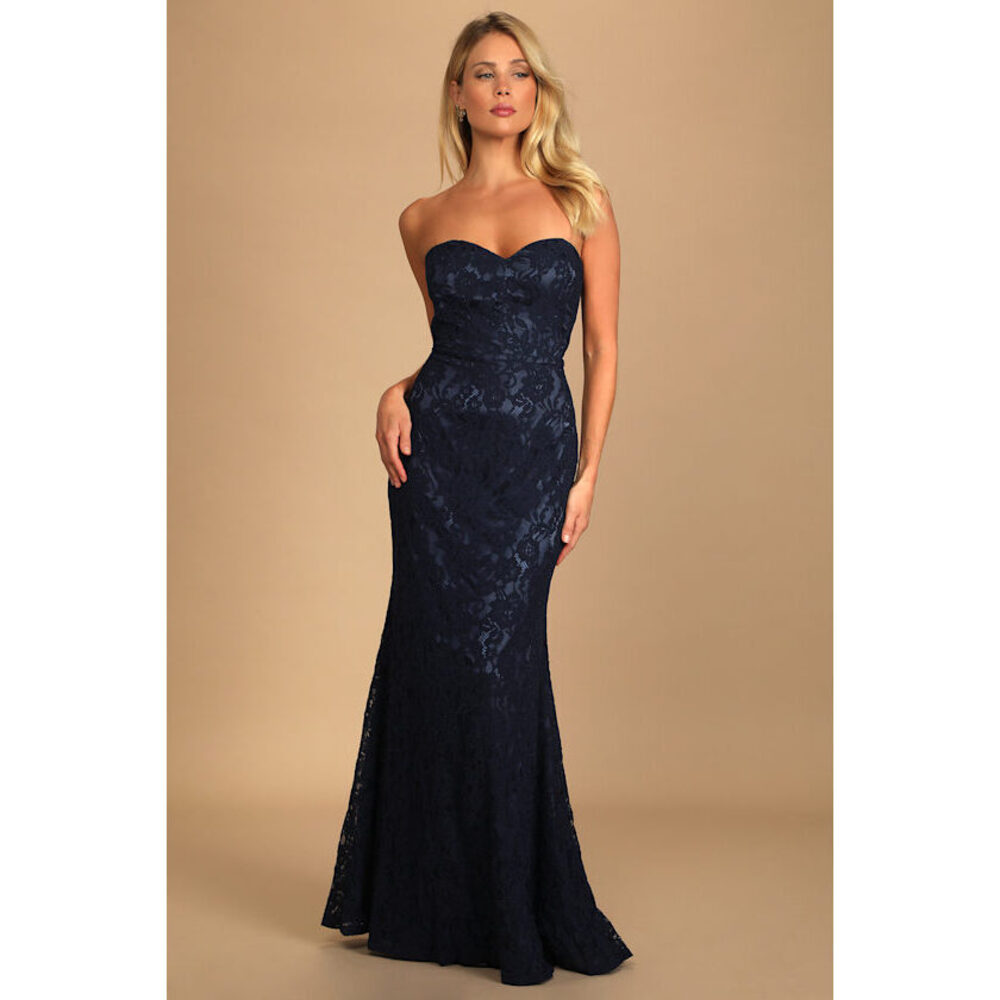 Lulus Navy Blue Lace Strapless Mermaid Maxi Dress - Size XL